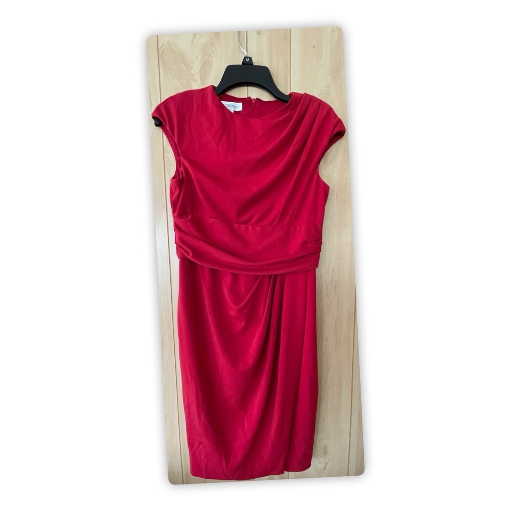 Red Draped Sheath Dress Women's Cap Sleeve Tulip Hem Knee Length Elegant 36", 8